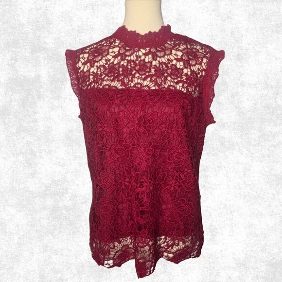 Nanette Lepore Burgundy Lace Blouse Women’s Size L – Sheer High Neck Goth Glam T - Picture 5 of 8